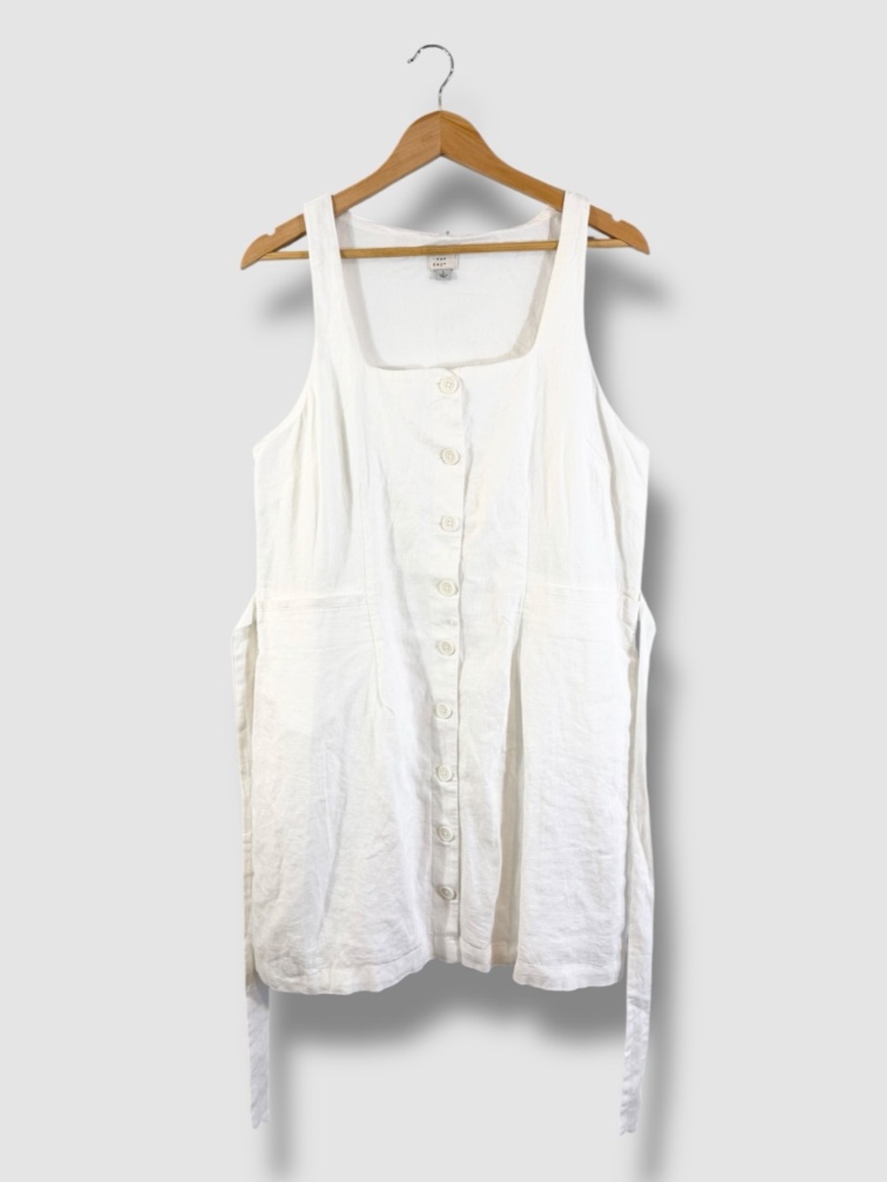 A New Day White Linen Dress Size L Sleeveless Belted Button Front Summer Casual - Picture 5 of 10